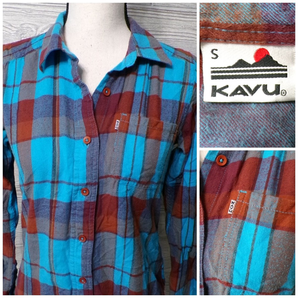 Kavu Women's S Plaid Button Flannel Shirt Teal Burgundy Pocket Hiking Gorpcore